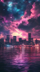 Spectral nebula skyline over neon-reflective waterfront horizon.