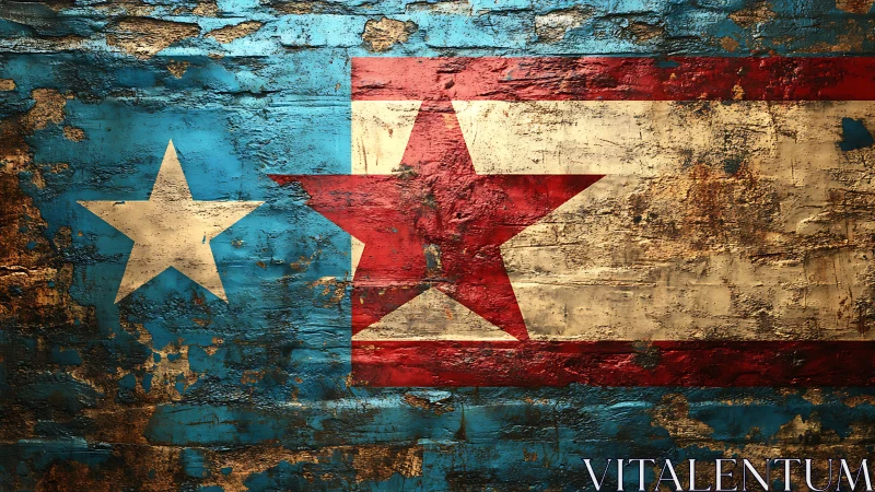 Weathered red and white star emblem on grunge brick wall