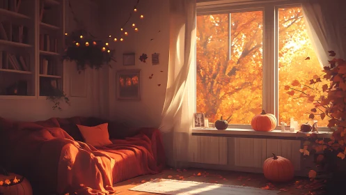 Golden autumn window nook glows with cozy seasonal warmth