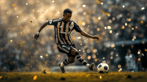 Soccer player sprints through golden dust under stadium lights