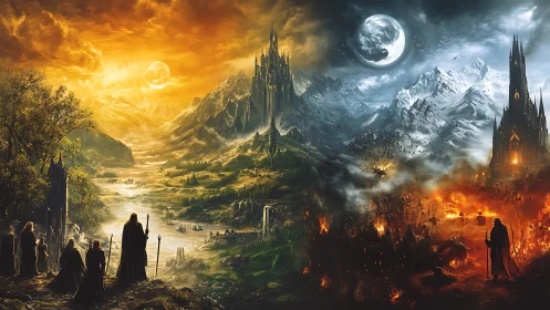 Bifurcated fantasy landscape with opposing fortified realms.