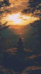 Person seated on cliff overlooking forested valley at sunset.