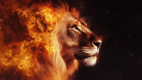 Lion profile with fiery mane integrated into dark background
