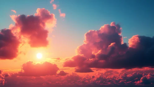 Sunset sky shows dense pink clouds against blue gradient