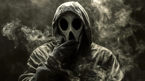 Hooded skull mask figure in cinematic smoke, low key lighting