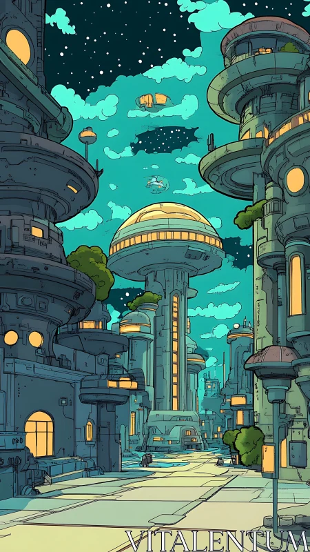 Futuristic street scene with rounded high-rise towers.