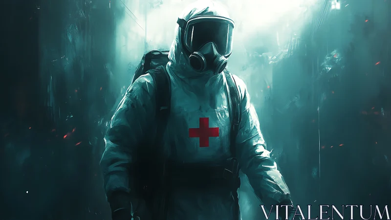 Plasma-lit medic in hazmat armor stalking a ruined corridor.