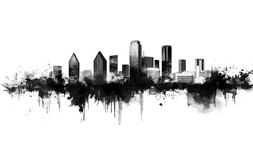 Monochrome city skyline is rendered with ink-like splatter edges