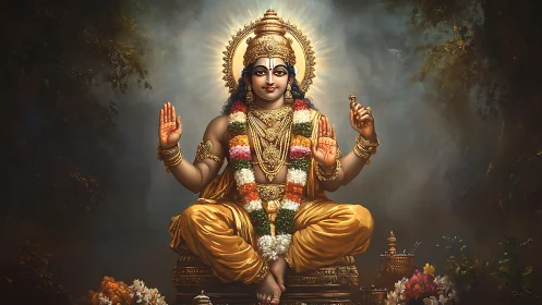 Digital painting of seated Hindu deity with radiant aureole.