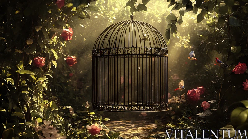Sunlit garden cage with curious birds and whispering roses.
