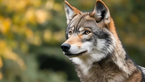 Calm wolf portrait in soft natural forest background.