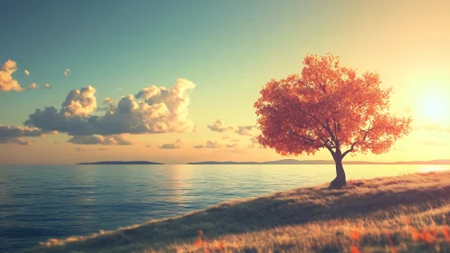 Golden sunset tree by a gentle sea of calm light.