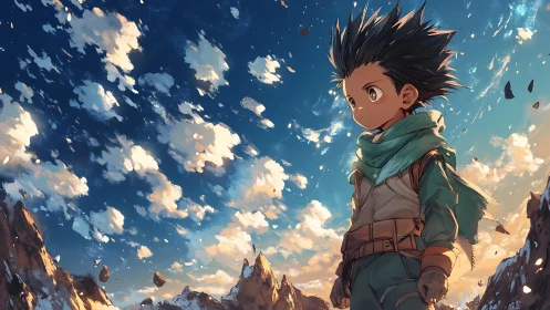 Wind-swept anime explorer under volumetric cloudscape sky.