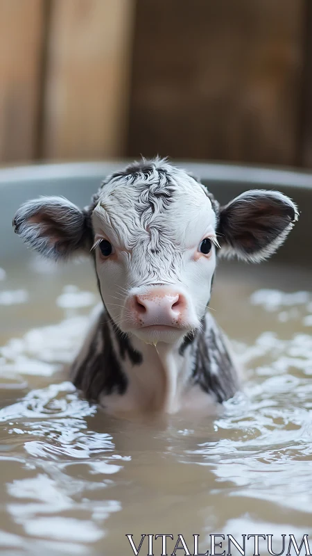 Tiny calf prince of puddles stares out from milky waters