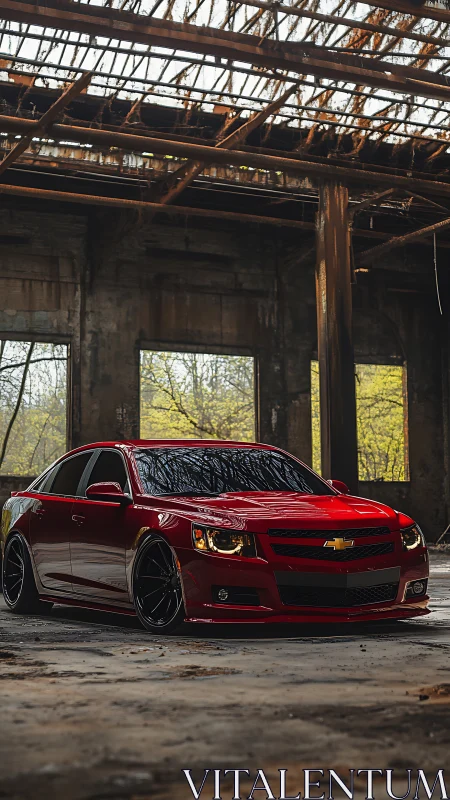 Crimson Chevy prowls a rusted warehouse cathedral of steel.