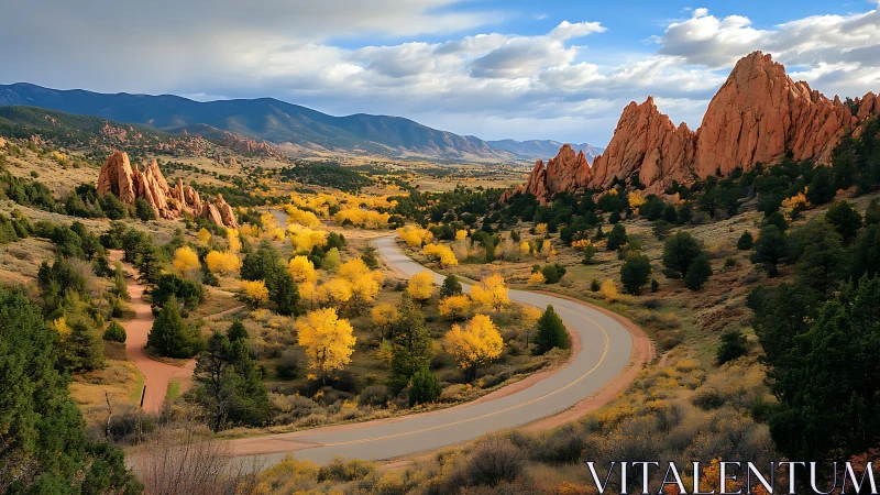 Curving roadway passes between red rock formations and trees