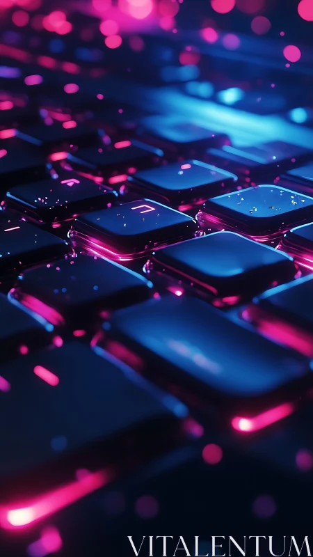 Neon backlit keyboard keys rendered with shallow depth and bokeh