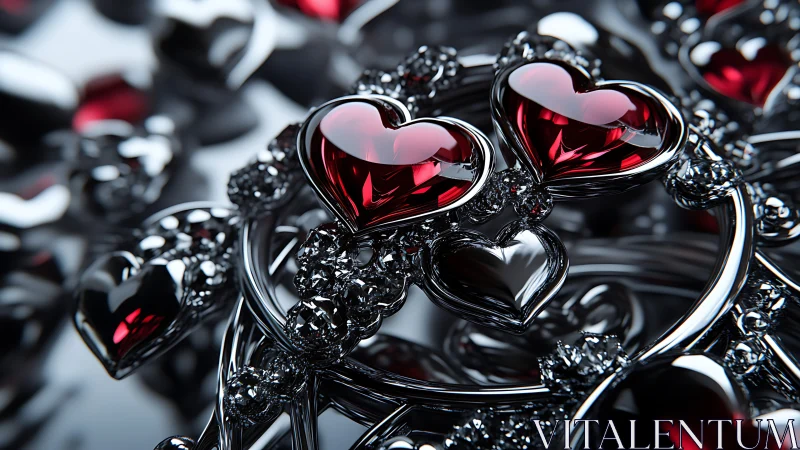 Crystalline Glass Hearts with Deep Crimson Refraction and Metallic Chrome Framework