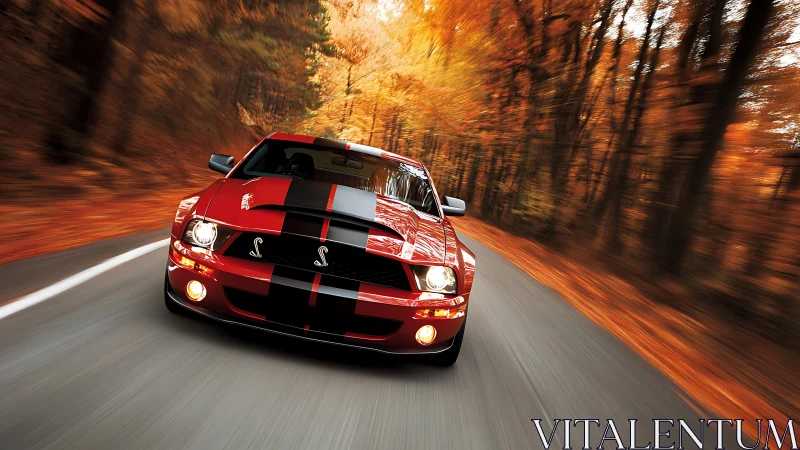 Red performance car lunges forward through blurred autumn forest