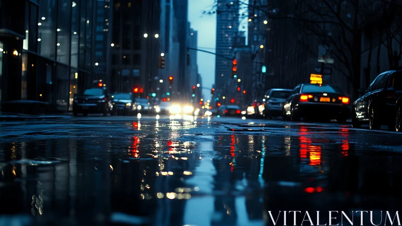 Puddled asphalt turns city headlights into drifting neon echoes