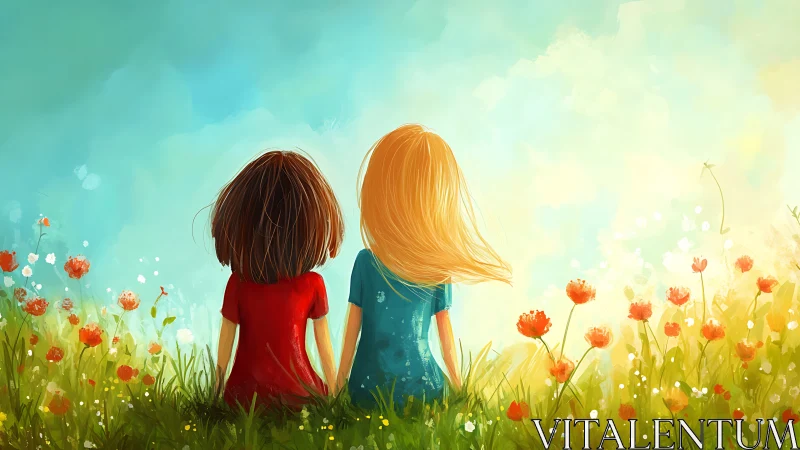 Digital illustration depicting two figures viewing wildflower field with atmospheric perspective ren