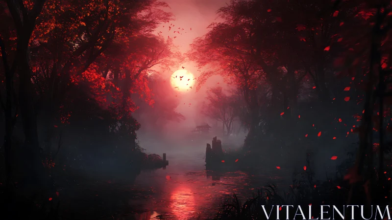 Crimson mist over tranquil forest river at burning dusk.