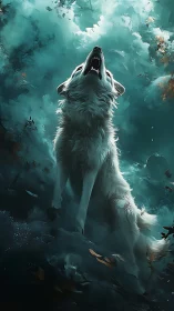 Luminous white wolf howls amid teal atmospheric vortex.