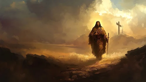 Solitary robed figure walking toward distant hill crosses.