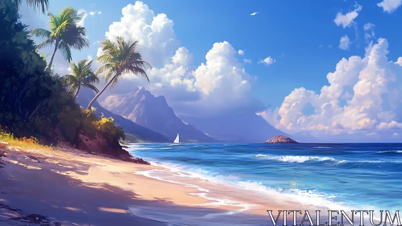 Tropical Coastline with Mountain Vista and Sailboat.