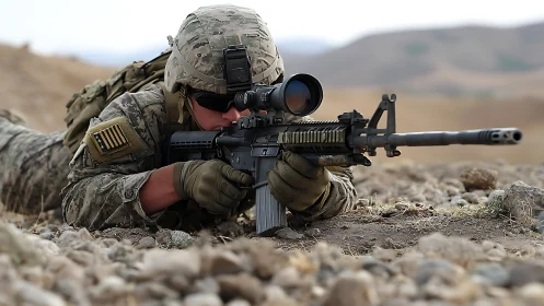 Soldier in prone firing position aims rifle through optic