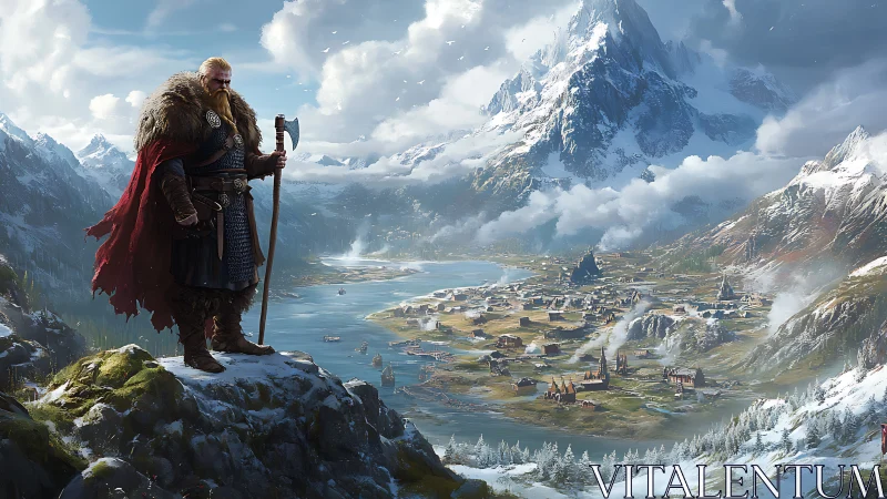 Warrior observes a Nordic valley settlement from a high ledge