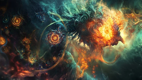 Cosmic fire dragon emerges from swirling nebula storms