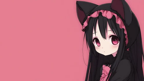 Melancholic anime catgirl portrait on solid pink backdrop