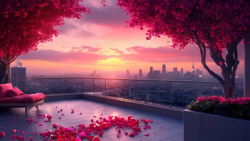 Romantic rooftop terrace with pink trees at sunset.