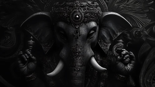 Ornate elephant deity in dark monochrome relief rendering.