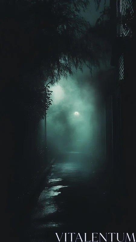 Noir alleyway with atmospheric streetlight and dense fog.