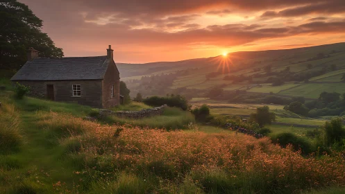 Soft sunrise over a quiet stone cottage in green hills.