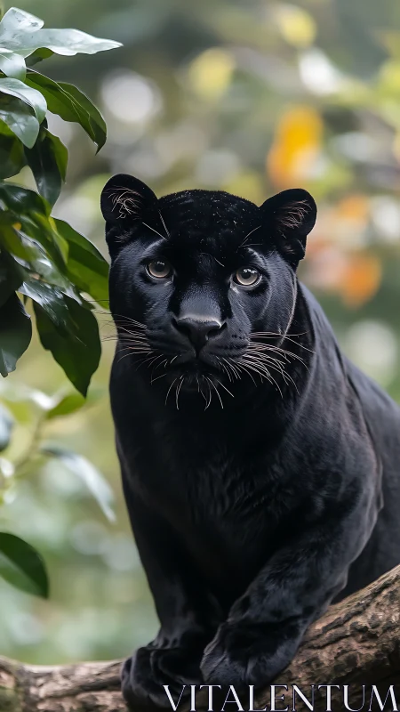 Black Panther Portrait with Piercing Gaze in Natural Setting.