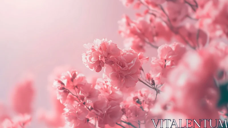 Pink carnations in soft focus bloom with layered petals