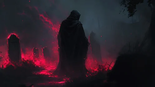 Hooded wraith in crimson-ignited graveyard mist.