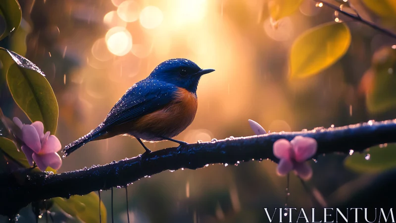 Blue songbird on blooming branch in dreamy rain, soft bokeh light.