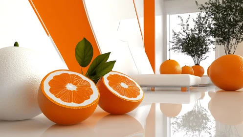 Citrus lounges boldly while modern furniture mirrors its glow