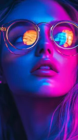Neon lit close up of woman in round reflective glasses.