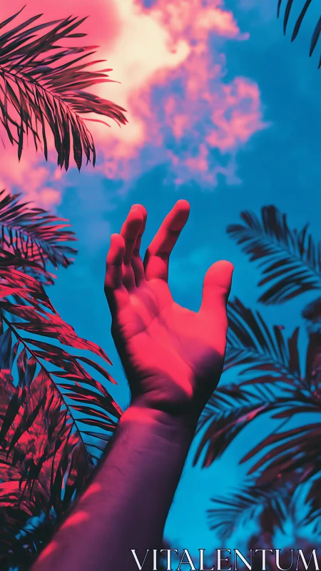 Chromatic uplink: neon-lit hand amid high-saturation canopy.