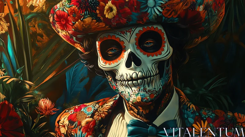 Digital painting of floral calavera portrait with lush botanicals.