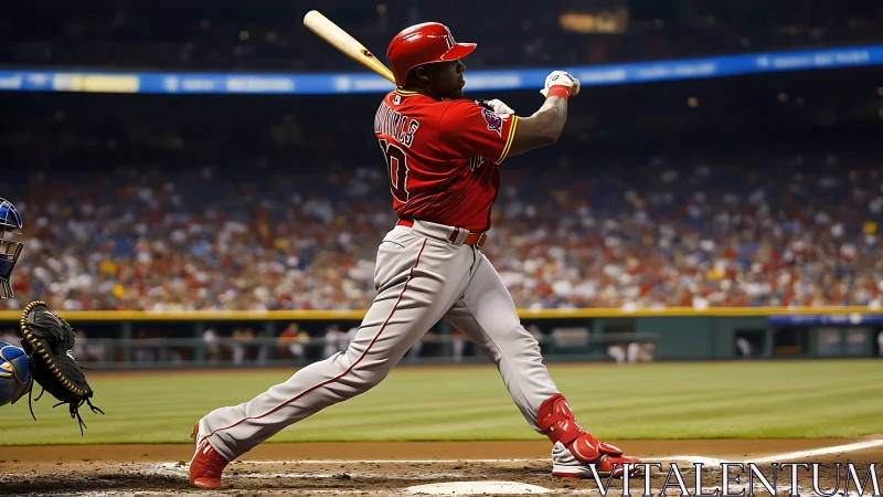 Confident baseball slugger sending a powerful hit skyward.