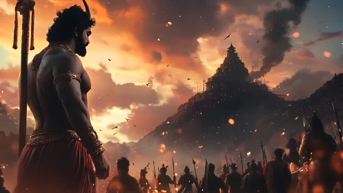 Fiery sky crowns a warrior’s march toward the mountain citadel