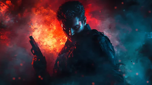 Armed tactical operative in red blue backlit atmospheric smoke