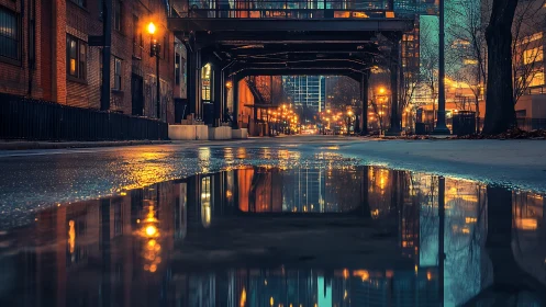 Urban overpass nightscape with reflective wet street surface.