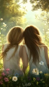 Sunlit Garden: Two Figures in Backlit Floral Composition.